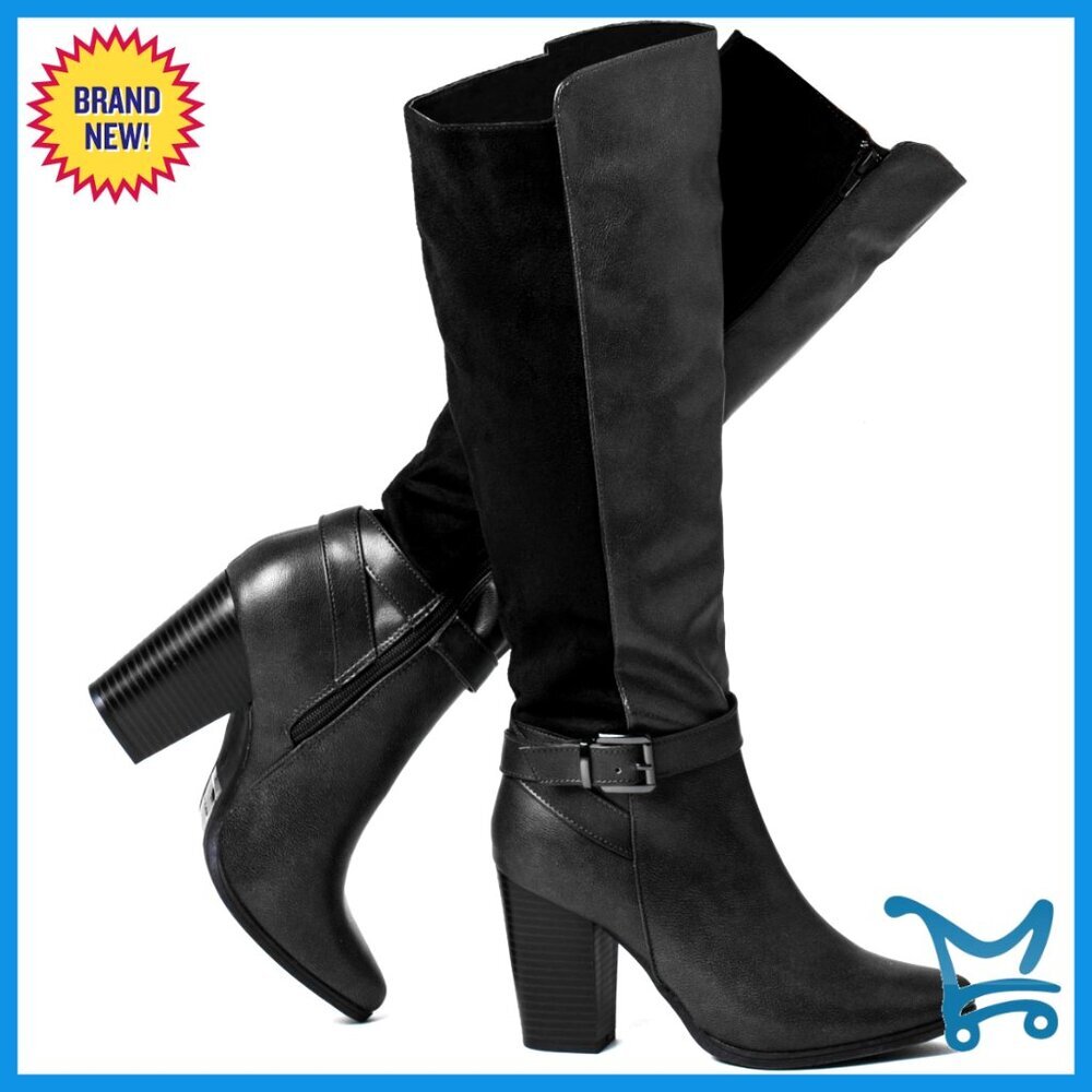 Women's Knee High Boots Chunky Heel Side Zip Faux Leather Winter Boots